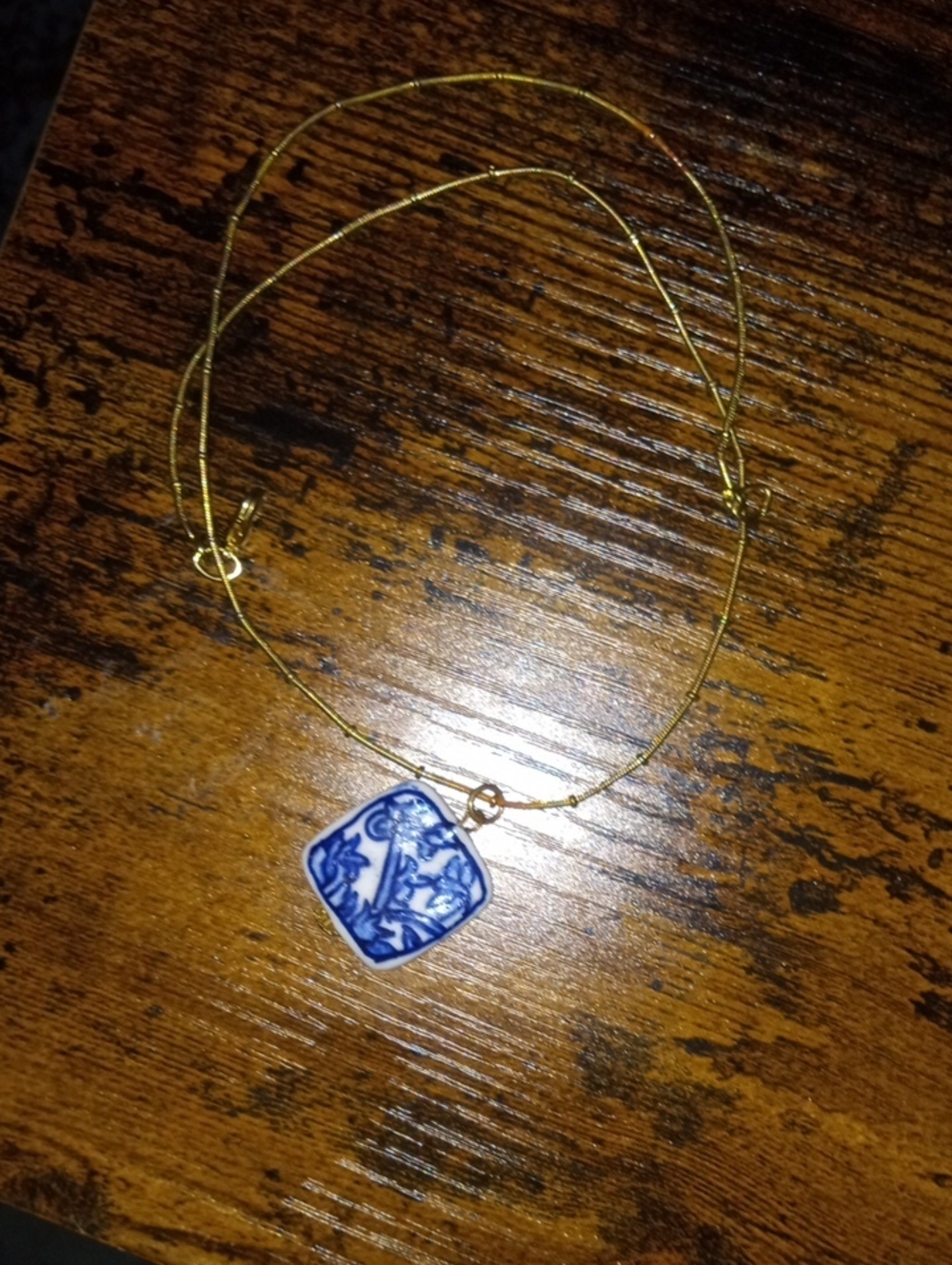 Gold Chain Necklace with Blue and White Porcelain Pendant